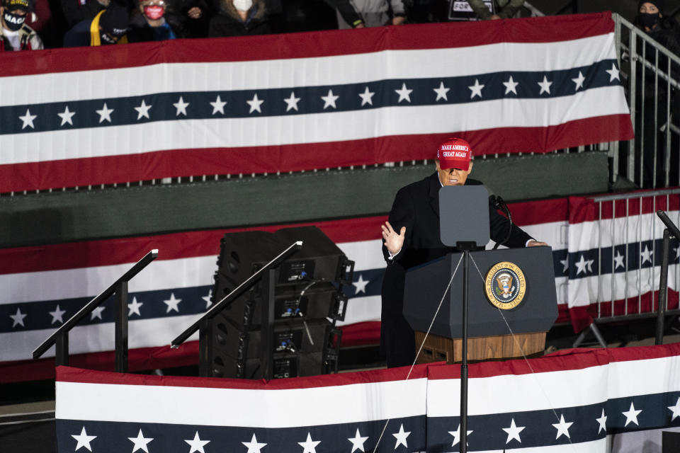 President Donald Trump speaks during a campaign rally at Southern Wisconsin Regional Airport, Saturday, Oct. 17, 2020, in Janesville, Wis. (AP Photo/Alex Brandon)