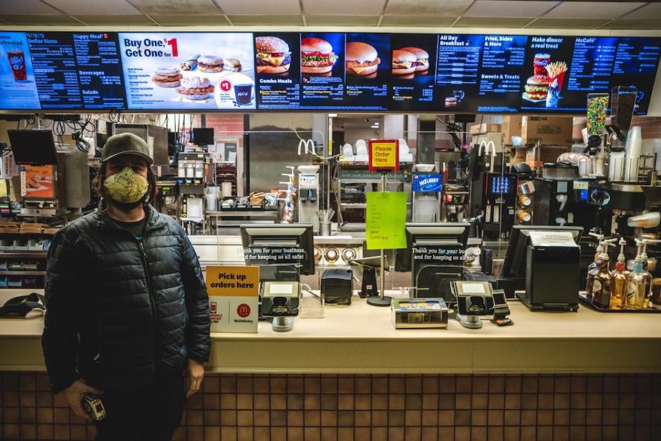 Devon Meyers delivers an order of custom viral guards to a McDonald's location in the Bay Area.