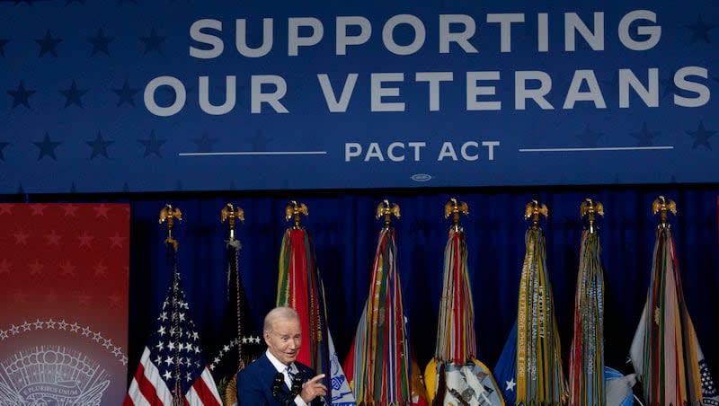 President Joe Biden delivers remarks on the one-year anniversary of passage of the PACT Act, the most significant expansion of benefits and services for toxic exposed veterans and survivors in over 30 years, at the George E. Wahlen Department of Veterans Affairs Medical Center in Salt Lake City on Thursday, Aug. 10, 2023.