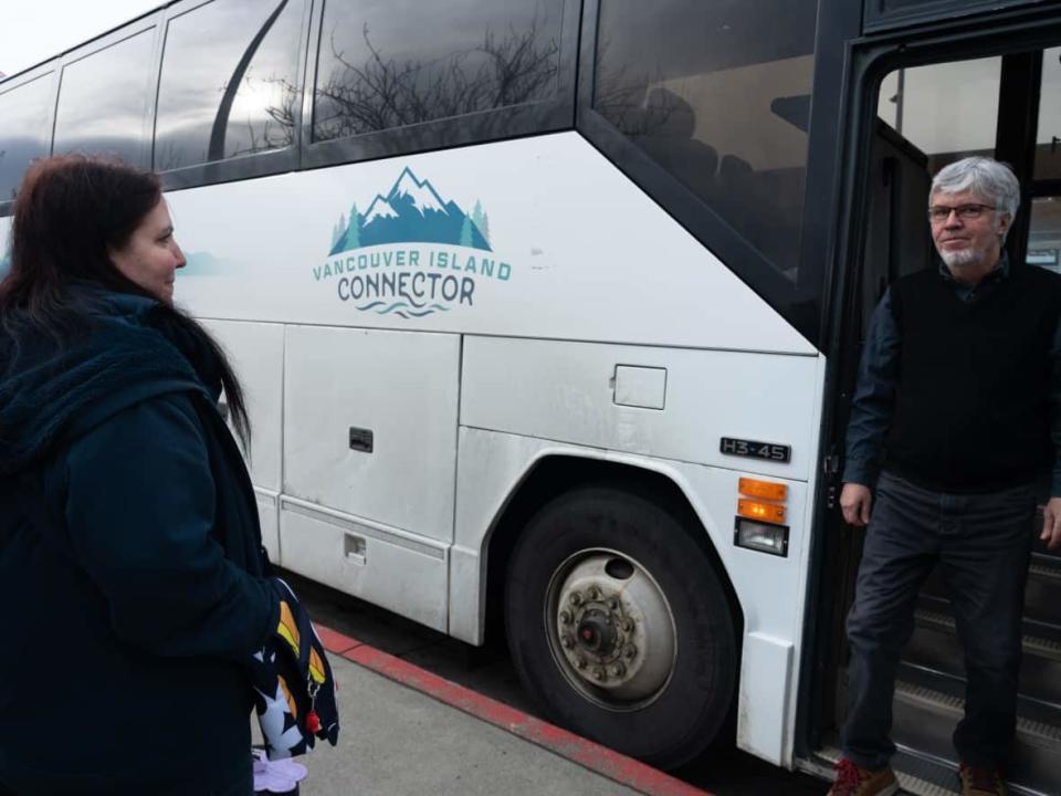 Christine Brice, left, passed through Nanaimo Monday, on a bus trip from Ucluelet to Victoria. She hopes the B.C. government will step in to help Wilson's Transportation keep intercity bus services running year-round. (Claire Palmer/CBC - image credit)