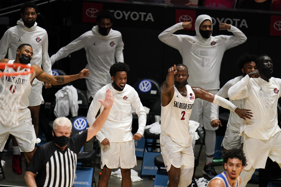 San Diego State players on the bench react during the final minute of the team's 73-58 win over UCLA in an NCAA college basketball game Wednesday, Nov. 25, 2020, in San Diego. (AP Photo/Gregory Bull)