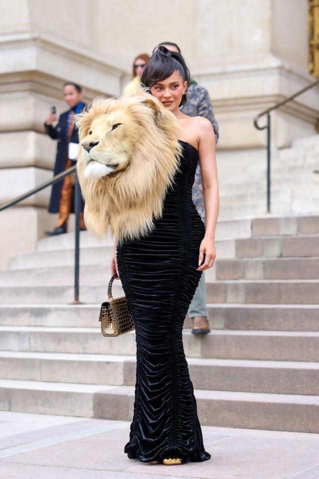 Who made Kylie Jenner's gold shoes, lion black dress, and handbag