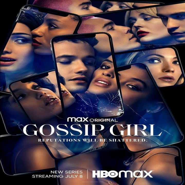 Poster for Gossip Girl 2021 featuring characters faces in phone screens.