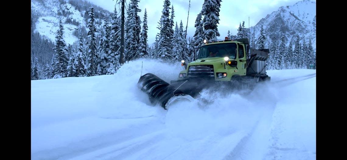 A Washington State Department of Transportation snow plow is shown on Nov. 12, 2023, on state Highway 20. Washington State Department of Transportation