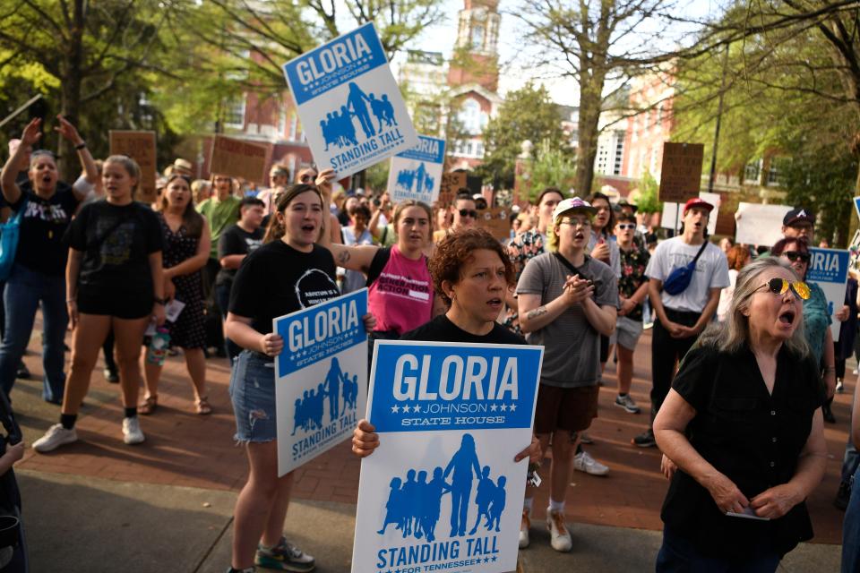 About 150 people marched to the City County Building in Knoxville on April 4 in a show of support for state Rep. Gloria Johnson.