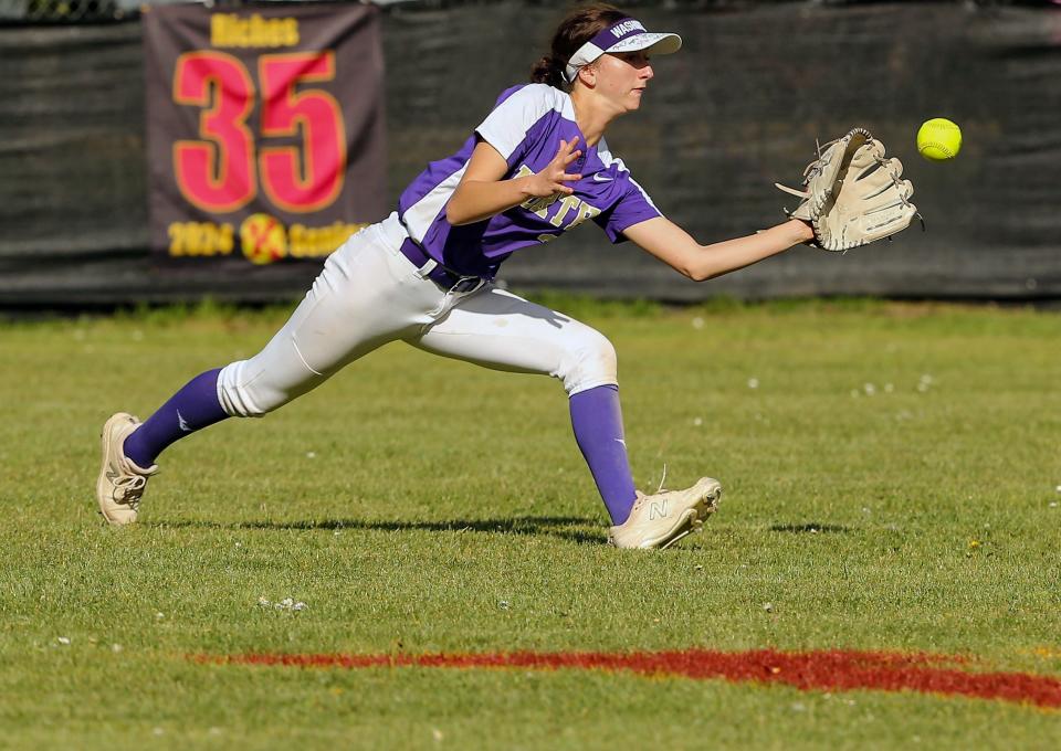 North Kitsap centerfielder Kendra Hawkins catches a fly ball for a Kingston out on Friday, April 26, 2024. North Kitsap won the game 7-3.