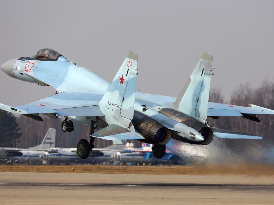 Su-35S jet fighter of the Russian Air Force taking off, Kubinka, Russia.
