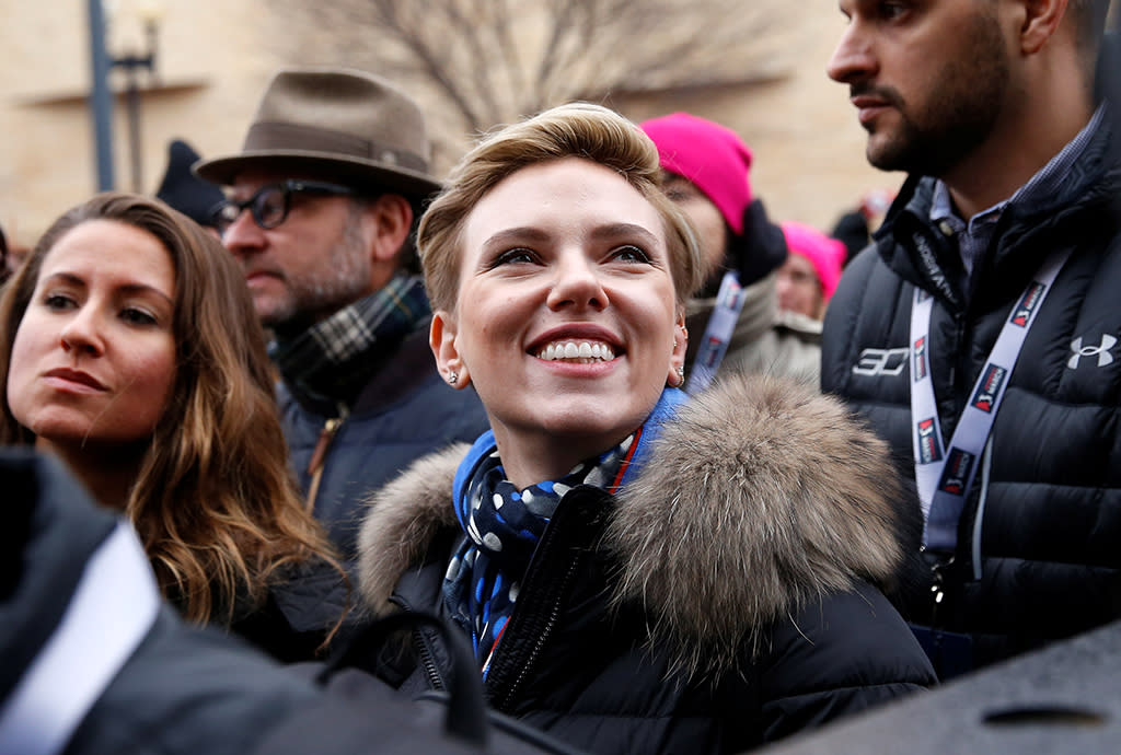 Scarlett Johansson smiles at the Women’s March on Washington on Jan 21. (Photo: Shannon Stapleton/Reuters)