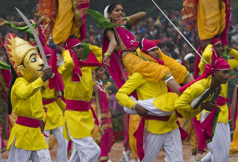 Indian dancers perform during the nation's Republic Day Parade in New Delhi on January 26, 2015