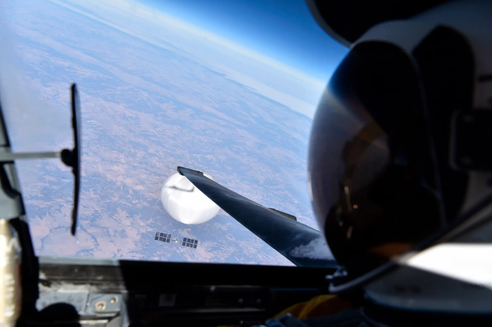 A U.S. Air Force U-2S pilot looks down at the Chinese surveillance balloon as it hovers over the Central Continental United States, February 3, 2023. <em>U.S. Department of Defense</em>