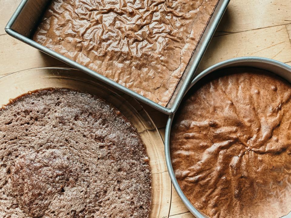 three pans of brownies arranged next to each other