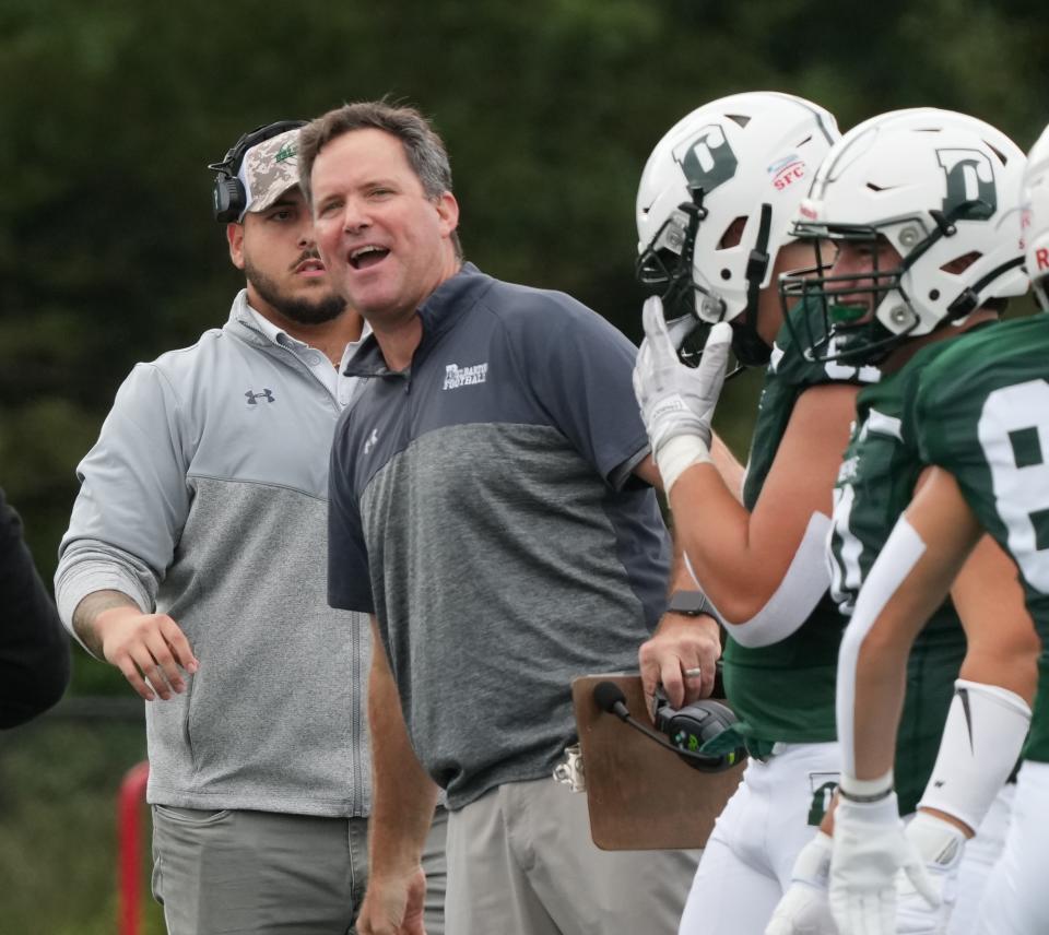 Morristown, NJ September 30, 2023 — Debarton head coach Brian Bowers after a field goal late in the first half as Delbarton defeated Paramus Catholic 45-0 in an SFC United White Division contest played at Delbarton on September 30, 2023.