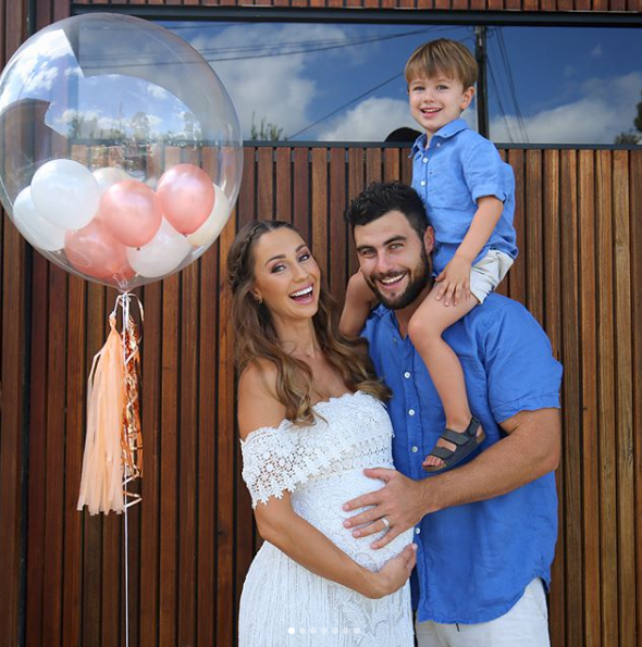 <p>Krystal shared an adorable family snap from her baby shower with Sonny and her husband, admitting she's only got 8 weeks to go!</p>