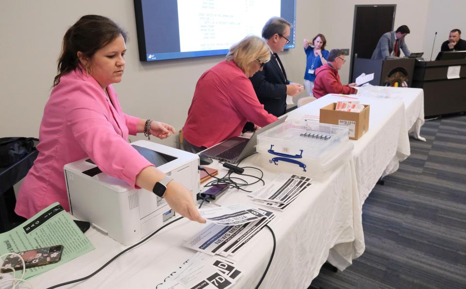Mar 5, 2024; Tuscaloosa, Alabama, USA; Elections officials examine, verify, and post the returns from Tuscaloosa County’s voting precincts at the Beasor B. Walker Law Enforcement Complex in Tuscaloosa. Probate Clerk Tara Scott places the envelopes for the Democratic Party, Republican Party, and Media on a table from each voting precinct.