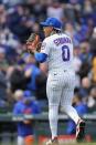 Chicago Cubs starting pitcher Marcus Stroman leaves the field after wrapping up the third inning of a baseball game against the Milwaukee Brewers Thursday, March 30, 2023, in Chicago. Stroman committed Major League Baseball's first pitch-clock violation in the third inning. (AP Photo/Erin Hooley)