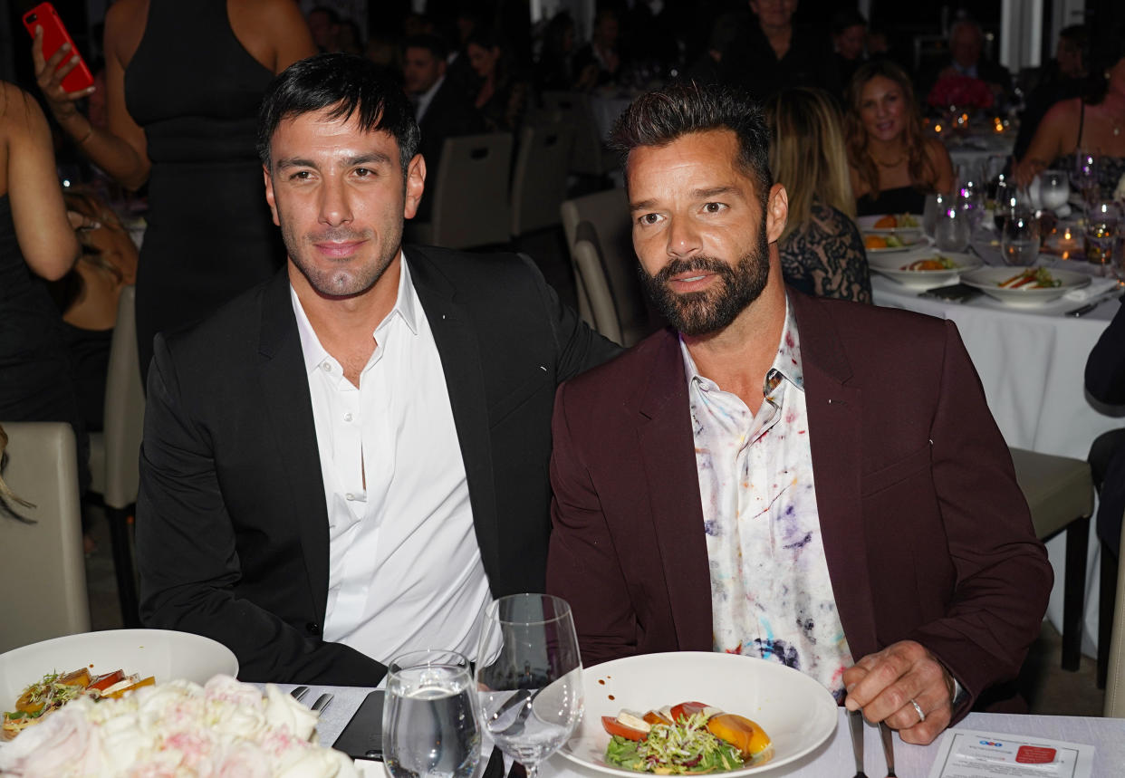 MIAMI BEACH, FL - DECEMBER 5:  Jwan Yosef and Ricky Martin are seen at the Global Gift Gala during Art Basel 2019 at the Eden Roc Hotel on December 5, 2019 in Miami Beach, Florida.  (Photo by Alexander Tamargo/Getty Images)