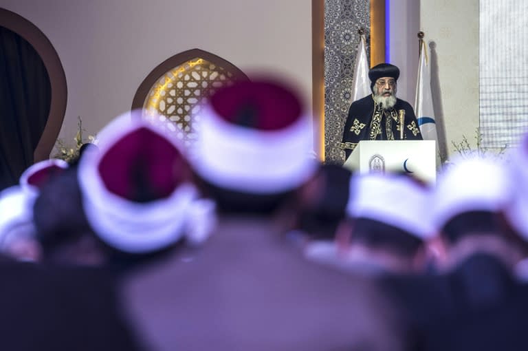 The leader of Egypt's Coptic Church, Pope Tawadros II of Alexandria delivers a speech during a conference titled '’Freedom and citizenship’’ hosted by Al-Azhar, one of the leading Sunni Muslim authorities based in Cairo, on February 28, 2017