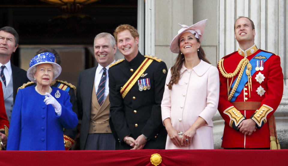 LONDON, UNITED KINGDOM - JUNE 15: (EMBARGOED FOR PUBLICATION IN UK NEWSPAPERS UNTIL 48 HOURS AFTER CREATE DATE AND TIME) Queen Elizabeth II, Prince Andrew, Duke of York, Prince Harry, Catherine, Duchess of Cambridge and Prince William, Duke of Cambridge stand on the balcony of Buckingham Palace during the annual Trooping the Colour Ceremony on June 15, 2013 in London, England. Today's ceremony which marks the Queen's official birthday will not be attended by Prince Philip the Duke of Edinburgh as he recuperates from abdominal surgery. This will also be The Duchess of Cambridge's last public engagement before her baby is due to be born next month. (Photo by Max Mumby/Indigo/Getty Images)