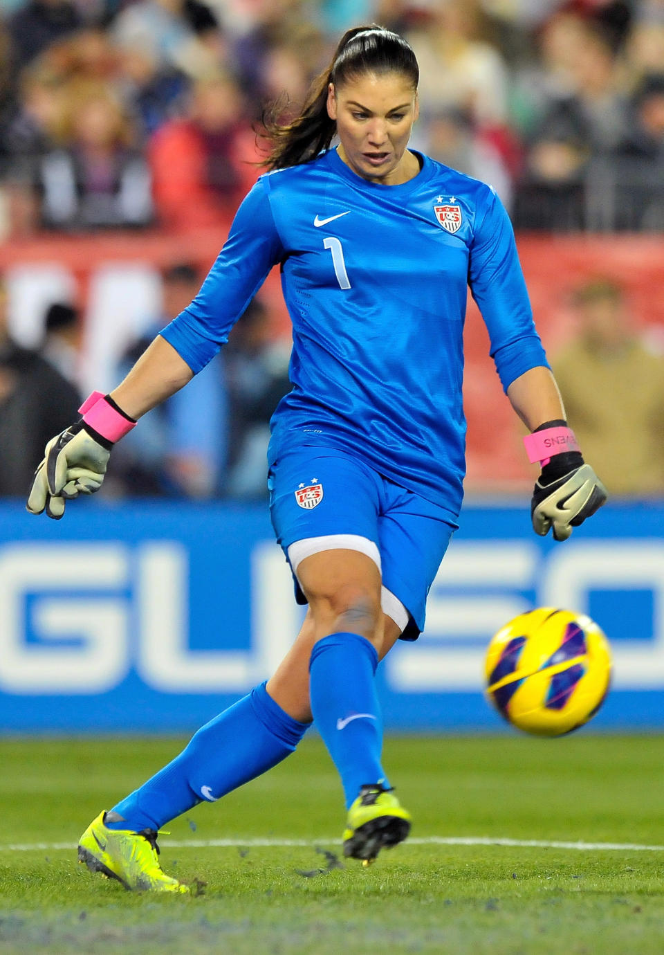 Feb 13, 2013; Nashville, TN, USA; USA goal keeper Hope Solo (1) kicks the ball away during the first period against Scotland at LP Field. (Jim Brown-USA TODAY Sports)