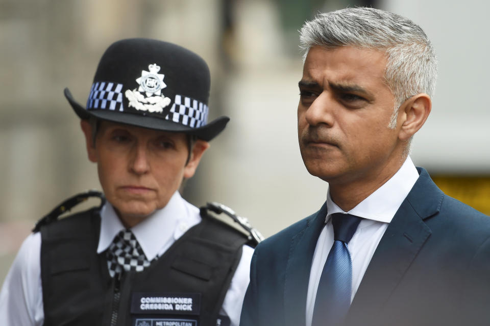 Mayor of London Sadiq Khan listens as Metropolitan Police Commissioner Cressida Dick speaks at the scene of the attack on London Bridge and Borough Market which left 7 people dead and dozens of injured in central London, Britain, June 5, 2017. REUTERS/Clodagh Kilcoyne