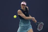 Mar 20, 2019; Miami Gardens, FL, USA; Andrea Petkovic of Germany hits a backhand against Amanda Anisimova of the United States (not pictured) in the first round of the Miami Open at Miami Open Tennis Complex. Geoff Burke