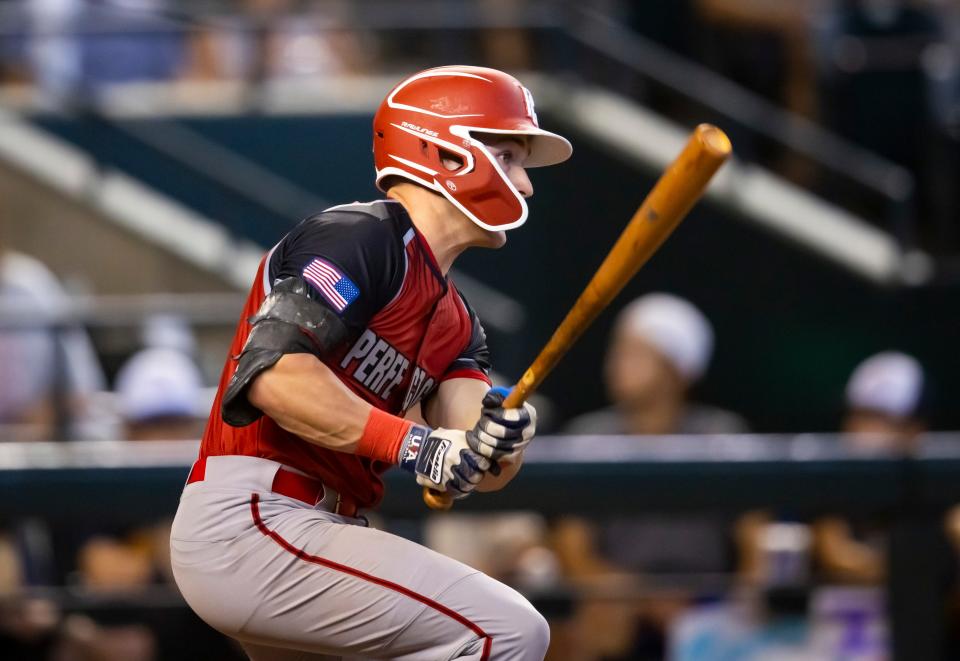 Aug 28, 2022;  Phoenix, Arizona, US;  West infielder Kevin McGonigle (15) during the Perfect Game All-American Classic high school baseball game at Chase Field on Aug.  28, 2022.