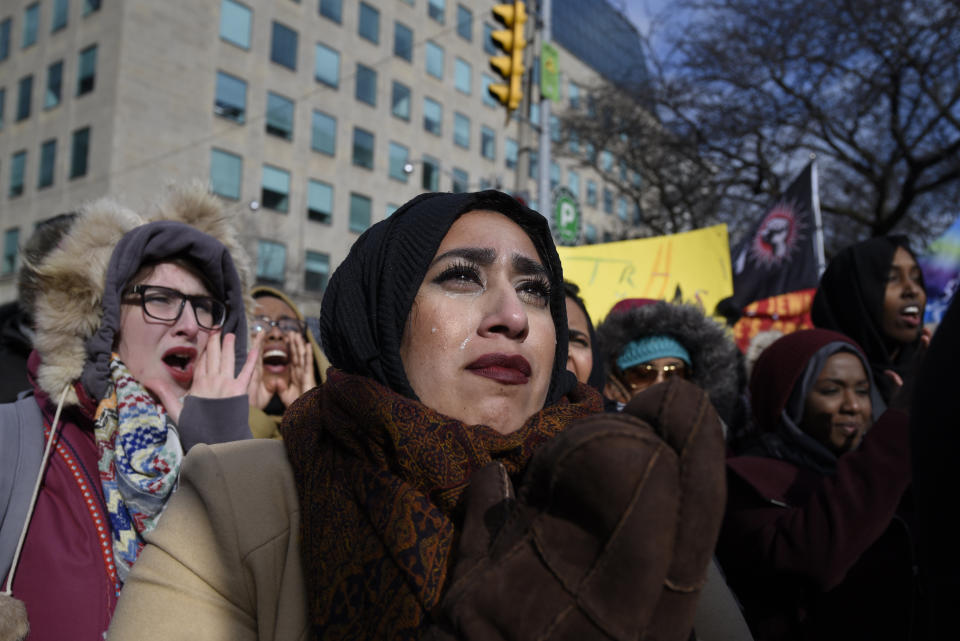 A Muslim woman in tears during a rally against Islamophobia and&nbsp;white supremacy in Toronto, Canada, on Feb. 4,&nbsp;2017.