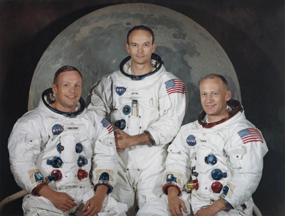 The three crew members of NASA's Apollo 11 lunar landing mission pose for a group portrait a few weeks before the launch, May 1969. From left to right, Commander Neil Armstrong, Command Module Pilot Michael Collins and Lunar Module Pilot Edwin 'Buzz' Aldrin Jr. (Photo: Space Frontiers/Getty Images)