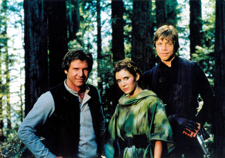 Mark Hamill, Harrison Ford and Carrie Fisher in Return of the Jedi