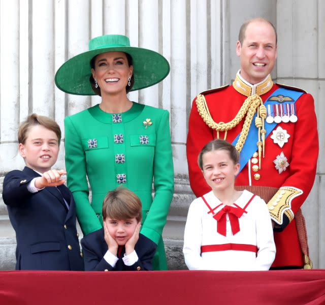 LONDON, ENGLAND – JUNE 17: Prince William, Prince of Wales, Prince Louis of Wales, Catherine, Princess of Wales , Princess Charlotte of Wales and Prince George of Wales on the Buckingham Palace balcony during Trooping the Colour on June 17, 2023 in London, England. Trooping the Colour is a traditional parade held to mark the British Sovereign’s official birthday. It will be the first Trooping the Colour held for King Charles III since he ascended to the throne. (Photo by Chris Jackson/Getty Images)