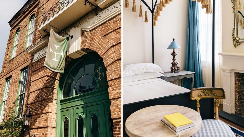Pair of photos showing the Hotel Peter &amp; Paul in New Orleans, including the exterior, and a guest room