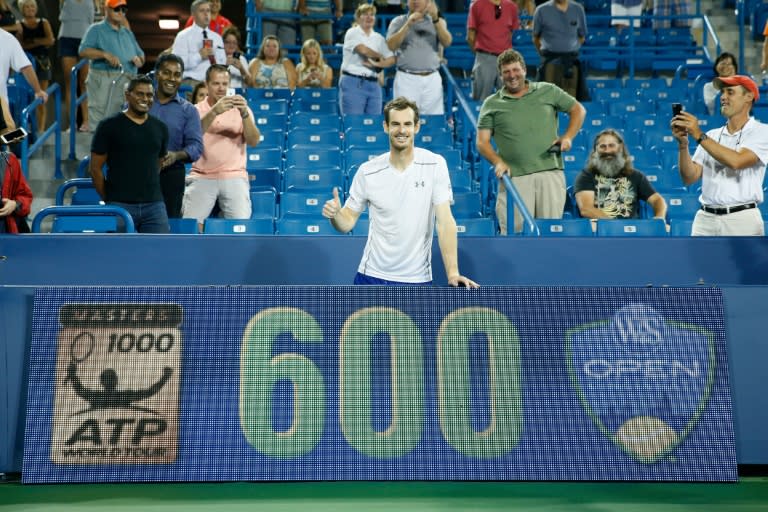 Andy Murray of Britain celebrates his 600th career win following a third round match against Kevin Anderson of South Africa, during the Cincinnati Masters, at the Lindner Family Tennis Center in Mason, Ohio, on August 18, 2016