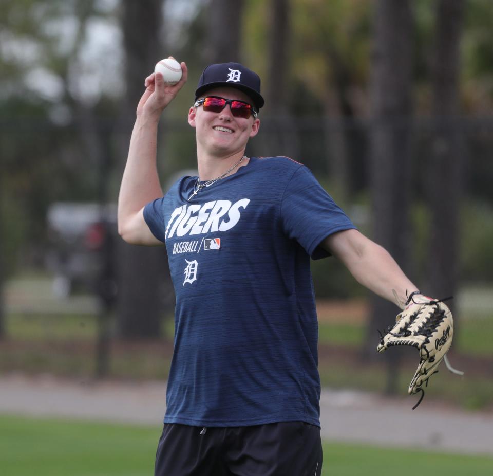 Tigers outfield prospect Parker Meadows warms up during spring training Wednesday, Feb. 20, 2019, at Joker Marchant Stadium in Lakeland, Fla.