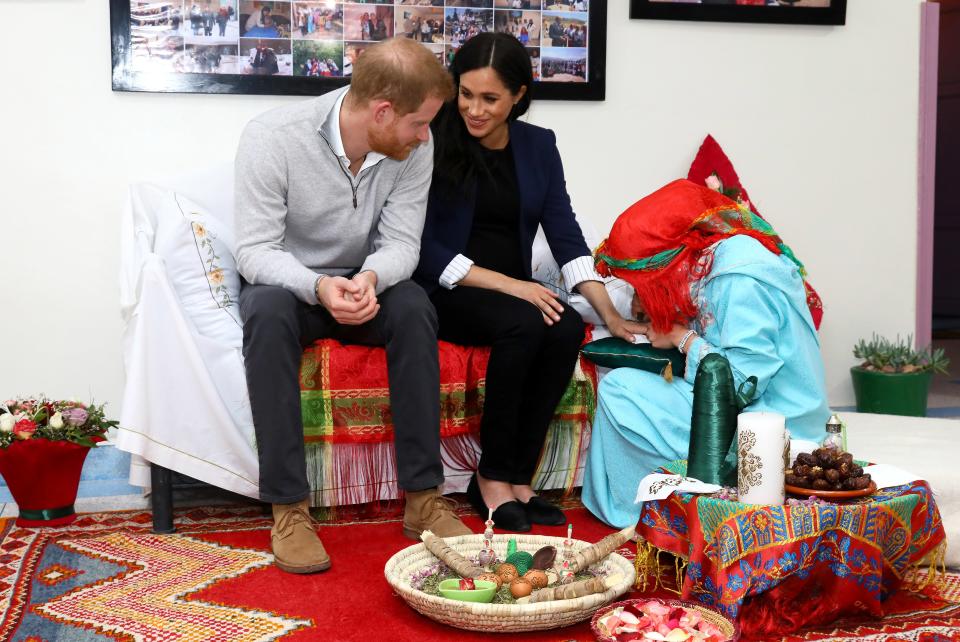 Before welcoming their first child, Meghan and Harry went on one last royal tour. In Morocco, she received a <a rel="nofollow noopener" href="https://people.com/royals/meghan-markle-henna-tattoo-morocco-tour-prince-harry/" target="_blank" data-ylk="slk:traditional Henna tattoo;elm:context_link;itc:0;sec:content-canvas" class="link ">traditional Henna tattoo</a> for "good luck." 