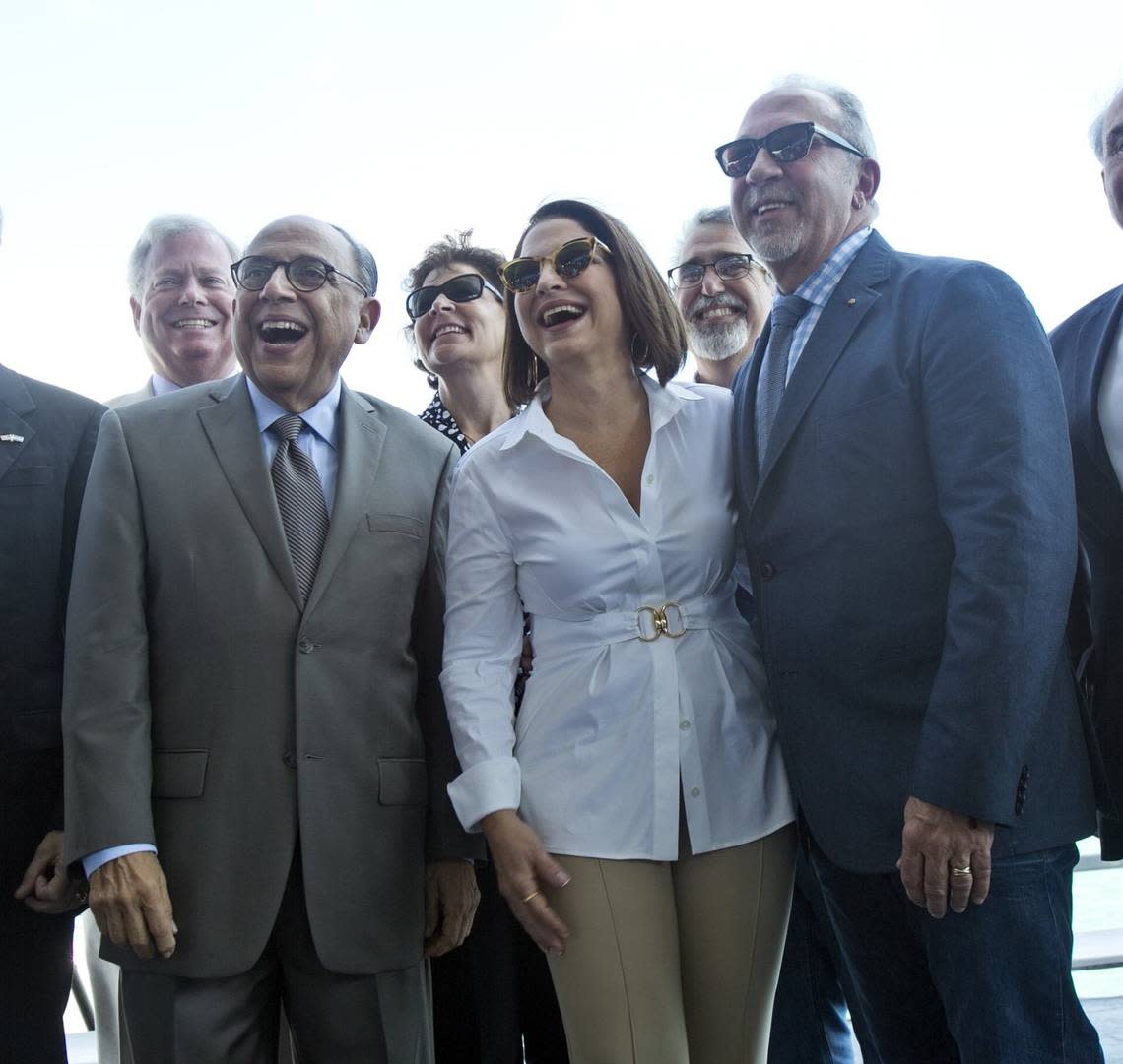 Gloria Estefan (center) Architect Hilario Candela (at left) and Emilio Estefan arrived by yacht to help host a press conference on Thursday November 13, 2014 at Miami Marine Stadium to formally announce an agreement to host the Miami International Boat Show at the stadium in 2016 and 2017, and negotiations for a long-term lease between the city and the Friends of Miami Marine Stadium.