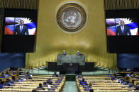 In this photo provided by the United Nations, Gaston Alphonso Browne, Prime Minister of Antigua and Barbuda, speaks in a pre-recorded message which was played during the 75th session of the United Nations General Assembly, Friday, Sept. 25, 2020, at the UN. headquarters. (Loey Felipe/UN Photo via AP)