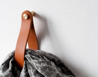 Round Beech Wood & Copper Coat Wall Hook / Hanger With Leather Strap