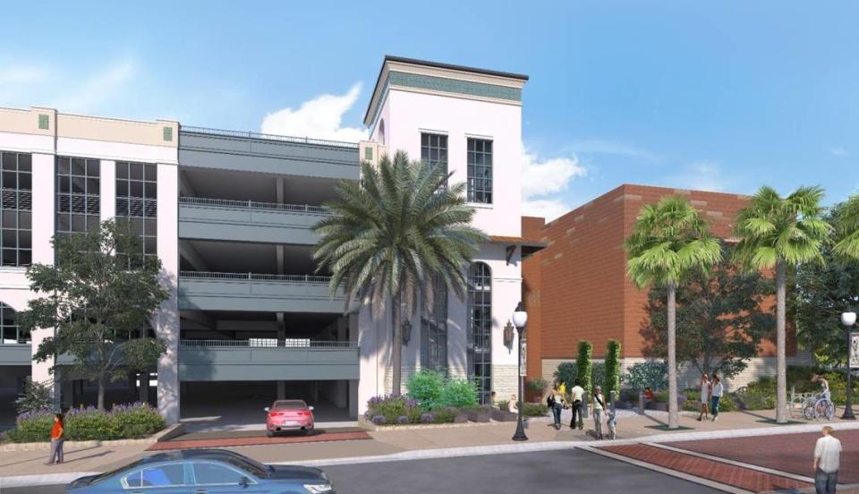 A rendering shows the view from Nipomo Street of the new Cultural Arts District Parking Structure in downtown San Luis Obispo. Work began on the property May 1, 2023.