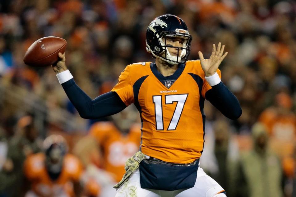 Nov 12, 2017; Denver, CO, USA; Denver Broncos quarterback Brock Osweiler (17) drops back to pass in the second quarter against the New England Patriots at Sports Authority Field. Mandatory Credit: Isaiah J. Downing-USA TODAY Sports