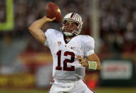 LOS ANGELES, CA - OCTOBER 29: Quarterback Andrew Luck #12 of the Stanford Cardinal throws a pass as he scrambles against the USC Trojans at the Los Angeles Memorial Coliseum on October 29, 2011 in Los Angeles, California. (Photo by Stephen Dunn/Getty Images)