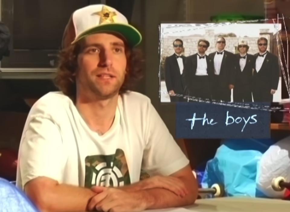 Kyle wears a snapback and reports next to an image of men wearing tuxedoes, labeled 'the boys'