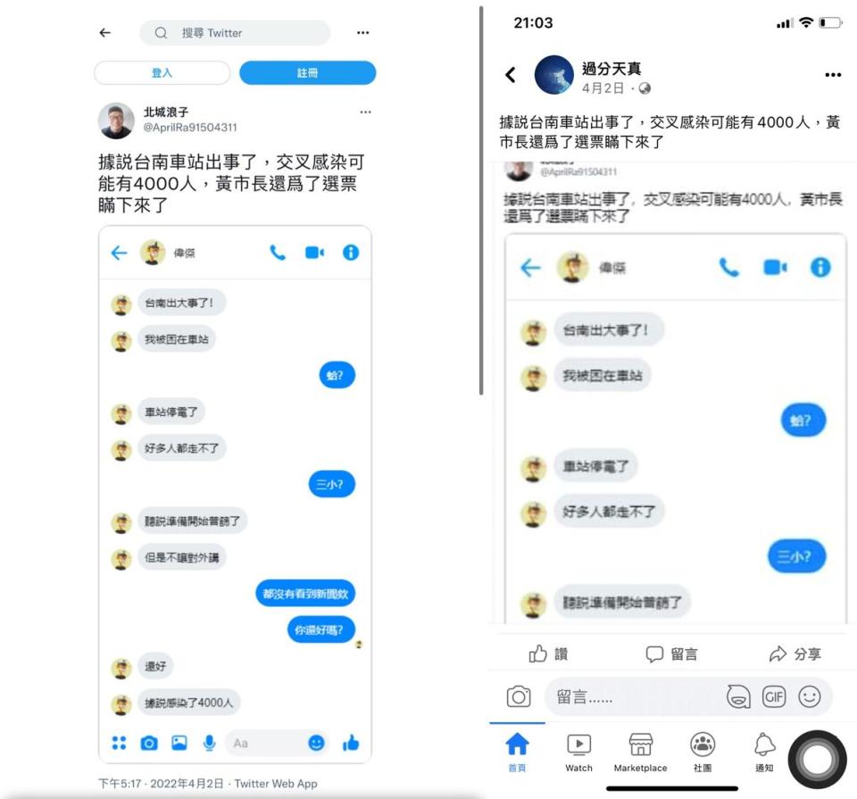 境外假帳號散佈台南車站4000人確診的假消息。（圖／翻攝自推特、臉書）