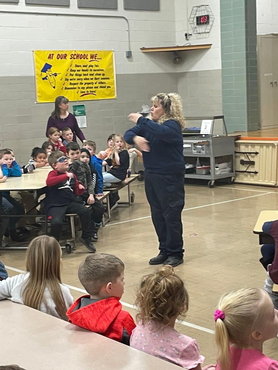 Heather Stein-Wells of the Newcomerstown Fire Department visited the Newcomerstown East Elementary recently to talk to students about fire safety and give a look at a fire suit worn by firefighters. With a donation from Light in the Valley ministries, the school was able to send students home with a ready-to-install smoke detector. For assistance to install, families can call Ed Rexroad at 740-876-1726.