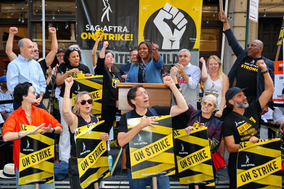 Rebecca Damon, Letitia James, Ezra Knight, Jaimie Alexander, Samantha Mathis, Ellen Barkin, and Oscar Isaac are seen at the SAG-AFTRA picket line on September 14, 2023, in New York City. 