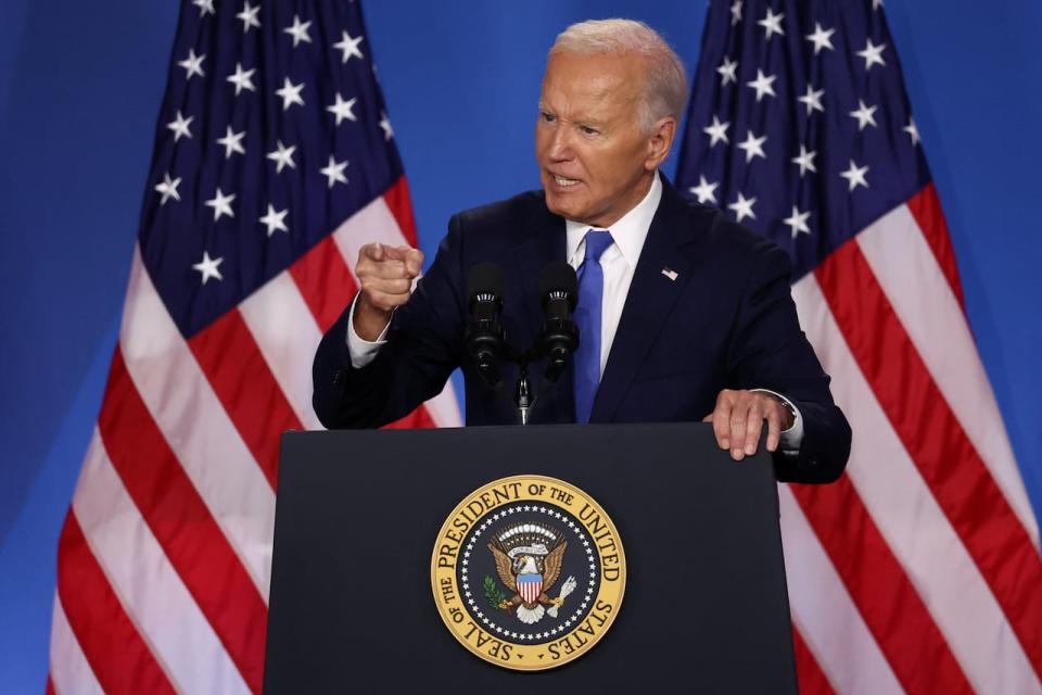 U.S. President Joe Biden gestures as he speaks at a press conference during NATO's 75th anniversary summit, in Washington, U.S., July 11, 2024. 