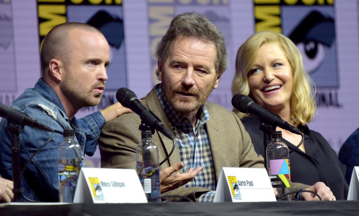 Aaron Paul, from left, Bryan Cranston and Anna Gunn attend the Breaking Bad 10th Anniversary panel - Invision