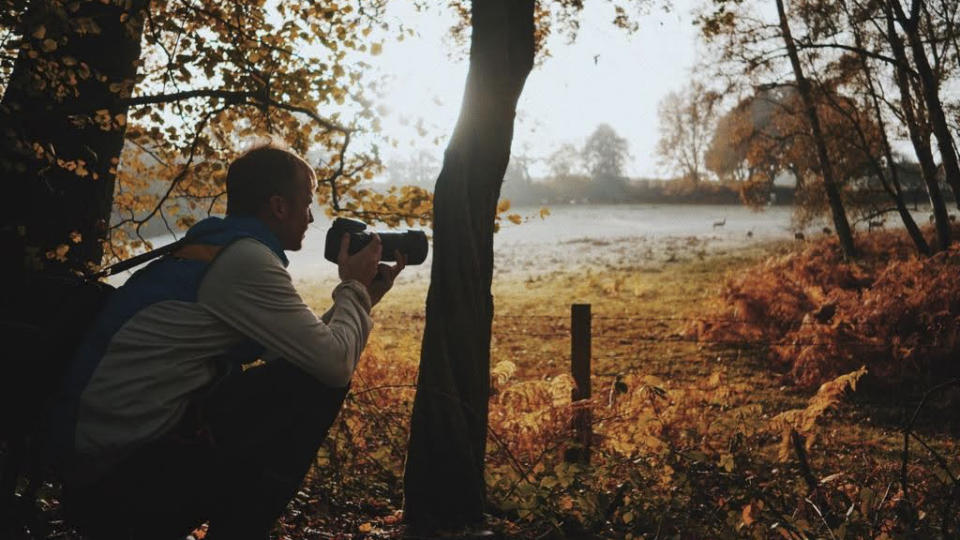 Photographer taking pictures with a camera in a misty woodland