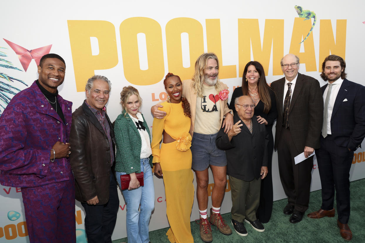 Armie Hicks Jr., John Ortiz, Jennifer Jason Leigh, DeWanda Wise, Chris Pine, Danny DeVito, Patty Jenkins, Stephen Tobolowsky and Hollis W. Chambers at the Los Angeles premiere of "Poolman" held at the Vista Theatre on April 24, 2024 in Los Angeles, Calfornia.