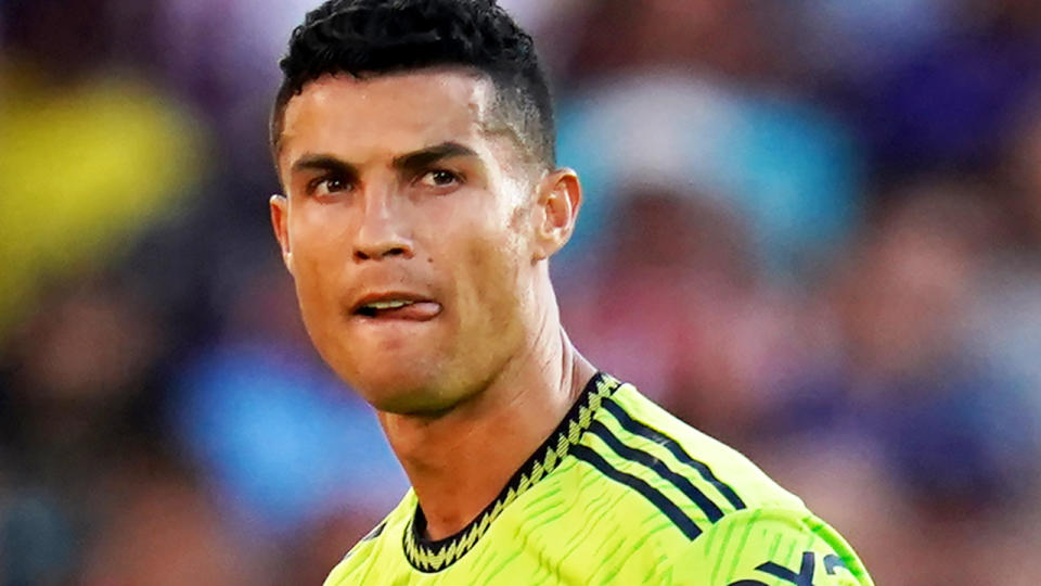 Christiano Ronaldo grimaces during Manchester United's Premier League loss to Brentford.