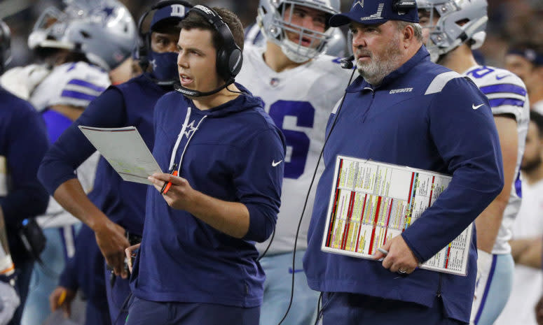 Mike McCarthy stands alongside Kellen Moore.